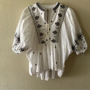 Solitaire White and Black Ruffled Blouse with Mandarin Collar